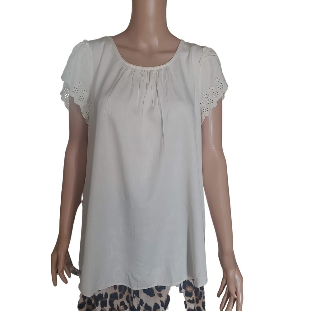NEW LAUREN CONRAD XXL Floral Eyelet Short Sleeve Ivory Top Blouse
